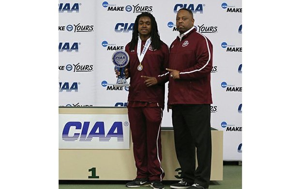 Courtesy of Virginia Union University
Virginia Union University track star Chazton McKenzie, left, pictured with Panthers Assistant Coach Tom Gosier, won the MVP award at the CIAA Indoor Track and Field Championships after winning the heptathlon and long jump and placing in six other events.
