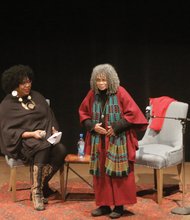 ‘Evening with an Icon’
Renowned poet Sonia Sanchez, right, addresses the audience last Saturday night at the Grace Street Theatre as moderator Dr. Kimberly Brown, chair of Virginia Commonwealth University’s Department of Gender, Sexuality and Women’s Studies, listens. Ms. Sanchez spoke at the Afrikana Independent Film Festival’s “Evening with an Icon,” following the screening of a documentary about her life, “BaddDDD Sonia Sanchez.”