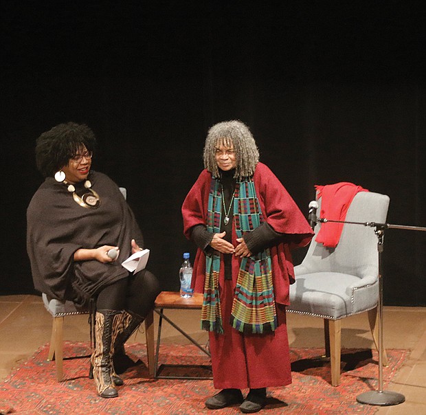 ‘Evening with an Icon’
Renowned poet Sonia Sanchez, right, addresses the audience last Saturday night at the Grace Street Theatre as moderator Dr. Kimberly Brown, chair of Virginia Commonwealth University’s Department of Gender, Sexuality and Women’s Studies, listens. Ms. Sanchez spoke at the Afrikana Independent Film Festival’s “Evening with an Icon,” following the screening of a documentary about her life, “BaddDDD Sonia Sanchez.”