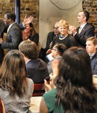 Several Virginia Democratic Party leaders spoke at Tuesday’s presidential primary celebration at a Shockoe Bottom restaurant. Among them, from left, state Sen. A. Donald McEachin of Henrico County, Secretary of the Commonwealth Levar Stoney, First Lady Dorothy McAuliffe, Party Chair Susan Swecker and Lt. Gov. Ralph S. Northam.