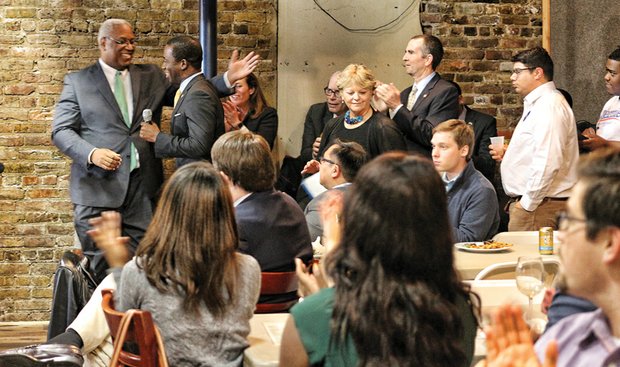 Several Virginia Democratic Party leaders spoke at Tuesday’s presidential primary celebration at a Shockoe Bottom restaurant. Among them, from left, state Sen. A. Donald McEachin of Henrico County, Secretary of the Commonwealth Levar Stoney, First Lady Dorothy McAuliffe, Party Chair Susan Swecker and Lt. Gov. Ralph S. Northam.