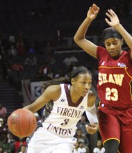 CIAA Tournament Most Valuable Player Kiana Johnson of Virginia Union University dribbles past a Shaw University player in the title game Saturday.
