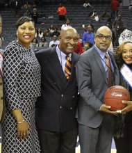 CIAA FUN // Those celebrating the VSU men’s basketball championship Saturday night included, from left, Mr. VSU Donald Lesley, VSU Athletic Director Peggy Davis, Vice Rector Willie C. Randall, new VSU President Makola Abdullah, Miss VSU Lauren Papillion and Coach Lonnie Blow. 