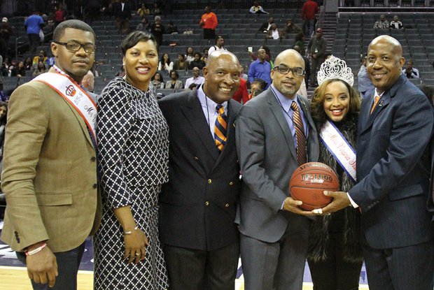 CIAA FUN // Those celebrating the VSU men’s basketball championship Saturday night included, from left, Mr. VSU Donald Lesley, VSU Athletic Director Peggy Davis, Vice Rector Willie C. Randall, new VSU President Makola Abdullah, Miss VSU Lauren Papillion and Coach Lonnie Blow. 