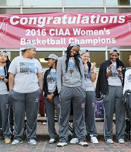 CIAA FUN // The championship teams then were feted after they returned to their respective campuses. The Virginia Union University Lady Panthers, above, enjoy a ceremony at the school Tuesday, while the VSU men’s team, below, was celebrated at a rally at the new VSU Multipurpose Center.