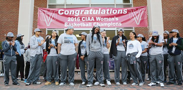 CIAA FUN // The championship teams then were feted after they returned to their respective campuses. The Virginia Union University Lady Panthers, above, enjoy a ceremony at the school Tuesday, while the VSU men’s team, below, was celebrated at a rally at the new VSU Multipurpose Center.