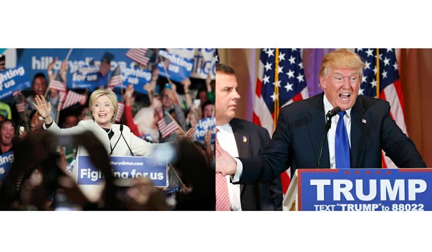 Hillary Clinton acknowledges the cheers of supporters at a campaign rally Tuesday night in Miami after she won seven states in Tuesday’s Democratic presidential primaries. Below, billionaire Republican businessman Donald Trump, backed by New Jersey Gov. Chris Christie, speaks to reporters Tuesday night in Palm Beach, Fla., after winning seven states in Super Tuesday’s GOP presidential primary and caucus voting.