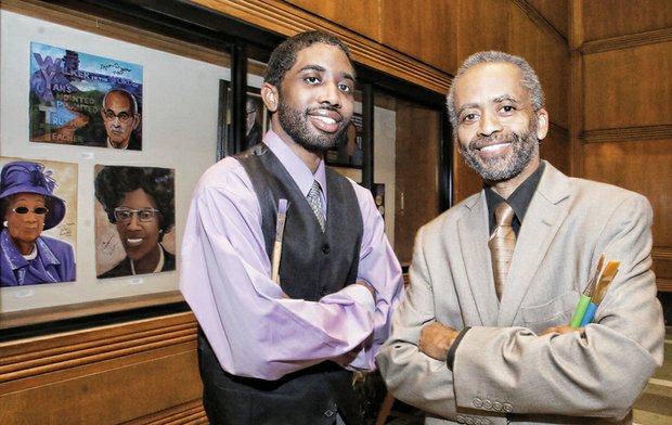 Jerome W. Jones Jr., right, and his son, Jeromyah, stand by a display in the state’s Patrick Henry Building on Capitol Square of portraits they completed as part of their “Ingenious Artistic Minds (I AM)” collection. Their work will be on exhibited through Thursday, March 31.