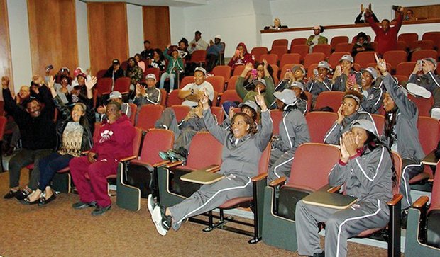 Members of the Virginia Union University Lady Panthers basketball team and their supporters cheer Sunday’s announcement by the NCAA that VUU would host the Division II Women’s Atlantic Region Tournament at the VUU’s Barco-Stevens Hall 
March 11 through 14.