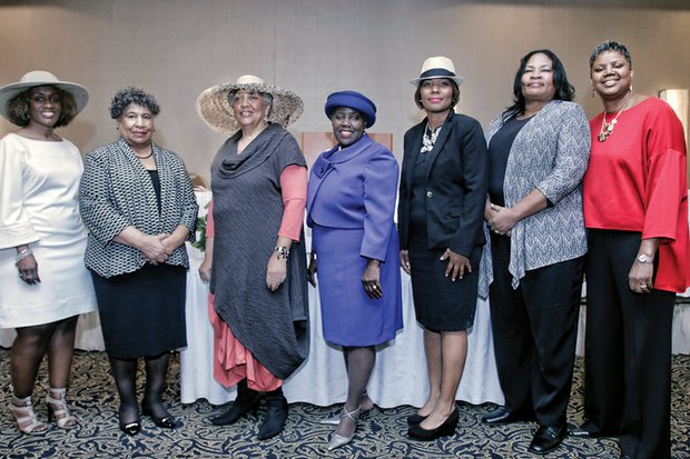 
 A variety of colorful hats highlighted “Hattitude 2016: Hats Off to Women,” an annual awards program hosted by the Cavalier Chapter of the American Business Women’s Association. The luncheon program, held last Saturday at a Henrico County hotel, was in celebration of Women’s History Month. Jean P. Boone, president/publisher of the Richmond Free Press, was among the honorees. Pictured, from left, are honorees Samantha Thompson, founder of Esteem Teens; Thelma Bland Watson, executive director of Senior Connections; Mrs. Boone; ABWA chapter President Sylvia Buffington-Lester; honorees Sharon Oliver, founder and publisher of CEO Magazine, and Elvatrice Belsches, historian and educator; and keynote speaker, Richmond native C. Gail Bassette, Maryland’s secretary of general services. 