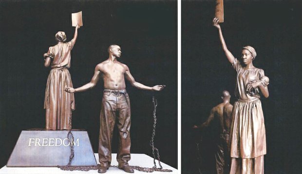 Views of the Emancipation Proclamation and Freedom Monument that sculptor Thomas Jay Warren has proposed for Brown’s Island.