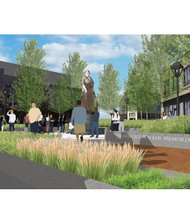 A design team rendering of the statue, plaza and landscaping at Adams and Broad streets in Downtown.