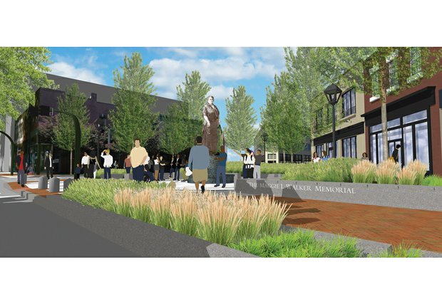 A design team rendering of the statue, plaza and landscaping at Adams and Broad streets in Downtown.