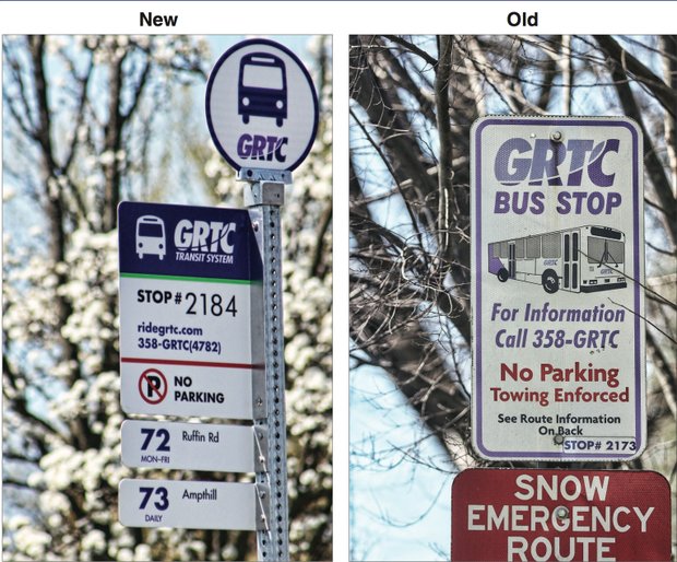 This new GRTC sign stands at Semmes Avenue and West 14th Street on South Side. It is one of 300 new signs the bus company is installing — giving riders information on the buses that will stop there, and including a partial schedule for the routes.  
The signs installed 20 years ago included a statement, “See Route Information On Back,” but no such information was ever posted.  
So far, these more visible and informative signs are going up on three routes: 32 Ginter Park that serves part of North Side, and 72 Ruffin Road and 73 Ampthill that serve part of South Side. Installation began March 18. GRTC calls it a pilot project and wants customer feedback on the signs.
The company, which began work on the new signs eight years ago, is promising to replace the 1,700 other signs on its remaining bus routes by 2017. 
