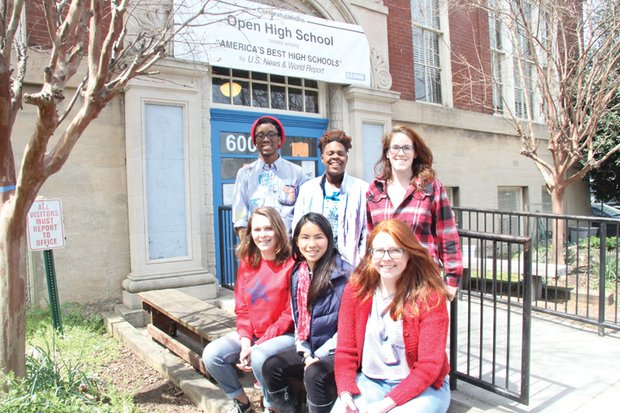 Six Open High School students are organizing the citywide high school walkout and protest Monday, April 11, under the banner “Students for RPS.” Seated, from left, are Eva Chenoweth, Emma Silverman and Caroline McCaig. Standing, from left, are Christopher Bowling, Naomi Thompson and Michelle Strohecker. 