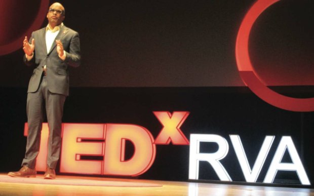 Virginia State University President Makola Abdullah encourages audience members to tap into the entire brain sphere during his talk last Friday at TEDxRVA 2016 at the Carpenter Theatre.