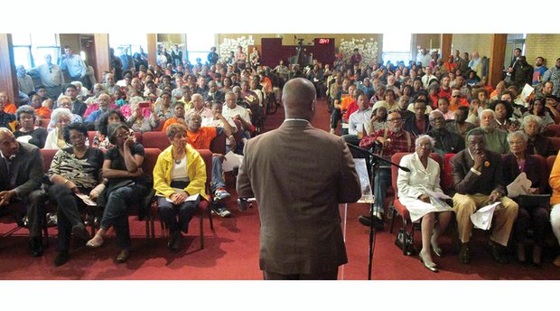 Richmond Public Schools Superintendent Dana T. Bedden addresses a rally last week packed with more than 500 people to save Armstrong High School and other schools from closure. Location: Mt. Olivet Church in the East End.