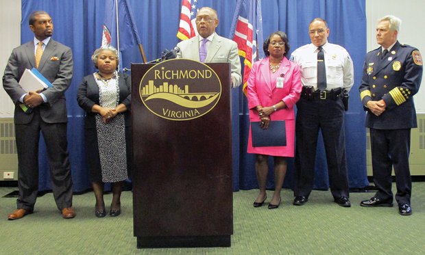 Mayor Dwight C. Jones speaks at a news conference last Friday at City Hall backed by, left to right, Budget Director Jay Brown, Deputy Chief Administrative Officer Lenora Reid, Chief Administrative Officer Selena Cuffee-Glenn, Police Chief Alfred Durham and Fire and Emergency Services Chief Robert Creecy.