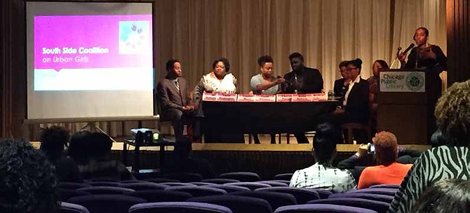 The seven panelists addressing the crowd: (From left to right) Ali N. Muhammad, administrator at John Harlan Community Academy; Carol R. Washington, enrollment coordinator at Edison Learning; Candace Moore, staff attorney, Educational Equity Project, Carlil Pittman, youth organizer for Voices of Youth in Chicago Education (VOYCE) and an alum of the organization; Cheresa Purnell, education manager, Demoiselle 2 Femme, NFP; Kisha Roberts-Tabb, juvenile probation officer, Cook County Juvenile Courts and Bethany Lyke, Ed. D., executive director at the Illinois Center for School Improvement. (Photo by Chelsea Johnson)