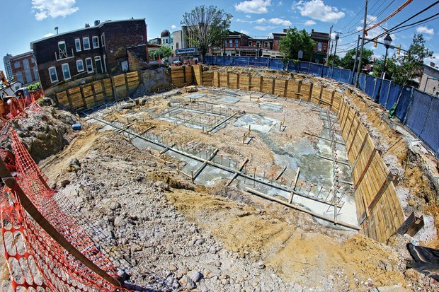 

The foundation is being laid for the $6.3 million Eggleston Plaza at 2nd and Leigh streets in Jackson Ward, as captured Tuesday by a fisheye lens.
When complete, the development is to include 31 apartments and a first-floor restaurant on the former site of the historic Eggleston Hotel. During the era of segregation, the hotel served renowned civil rights leaders, famous entertainers and other African-Americans who were barred from other Richmond hotels because of the color of their skin. The building collapsed and the site was cleared in 2009. 
The Eggleston family teamed up with developer Kelvin Hanson on the new project, according to city documents. MGT Construction is doing the work.
The project is across 2nd Street from the Hippodrome Theater and Taylor Mansion entertainment, restaurant and residential complex. The planned development also includes 10 housing units going up nearby at 1st and Jackson streets.