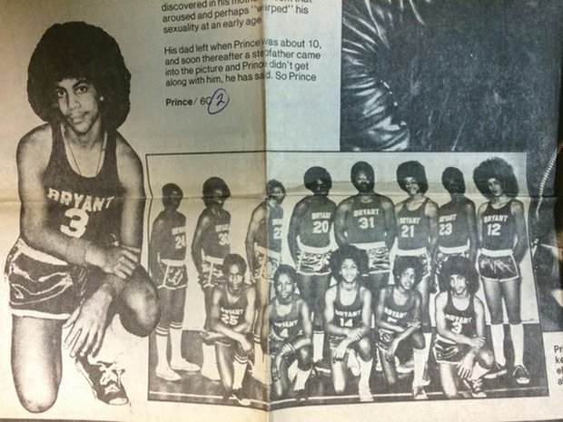Prince is remembered as an excellent basketball player at Bryant Junior High School in Minneapolis, where he played on the team with his half brother, Duane Nelson. In this junior high yearbook photo, Prince is wearing a jersey with No. 3, while his half brother is wearing No. 21. 