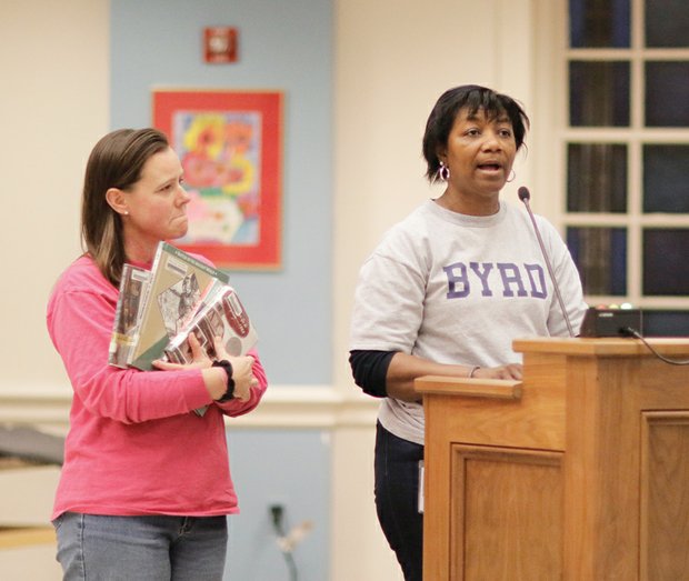 
Janis Jones, right, and Mary Beth Joyner, librarians at the former Byrd Middle School, ask Henrico School Board members to change the school’s name on the county’s website and other online materials.