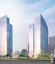 ￼￼￼￼Dominion’s new office tower for Downtown //
This rendering offers a view, left, of a new, 20-story office tower Dominion Resources is moving to develop at 6th and Cary streets. It will replace the vacant, six-story Richmond Plaza building that will be torn down. At right is a view of a potential companion building Dominion might build to replace the One James River Plaza building at 701 E. Cary St. This is the view north and west from Kanawha Plaza at 9th and Canal streets. Dominion is promising inclusion of African-American, minority and women-owned contracting businesses in the construction. Based on current building costs, Dominion is expected to invest between $100 million and $150 million in the new building. Completion is expected in 2019, when Dominion would either renovate or replace One James River Plaza. The project is being undertaken to improve Dominion’s space Downtown and to provide room for projected employment growth during the next 10 to 15 years.