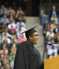 Pamela K. El, executive vice president and chief marketing officer for the National Basketball Association, regales and inspires Virginia Commonwealth University graduates and their families during commencement exercises last Saturday. Ms. El, a VCU alumna, graduated in 1983. She also received an honorary degree during the ceremony at the Richmond Coliseum in Downtown. More than 5,000 students earned degrees. 