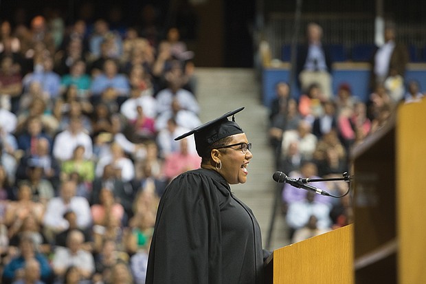 Pamela K. El, executive vice president and chief marketing officer for the National Basketball Association, regales and inspires Virginia Commonwealth University graduates and their families during commencement exercises last Saturday. Ms. El, a VCU alumna, graduated in 1983. She also received an honorary degree during the ceremony at the Richmond Coliseum in Downtown. More than 5,000 students earned degrees. 