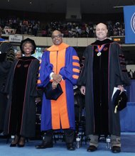 
Awaiting the entry of graduates at Virginia State University’s commencement last Sunday are, from left, Dr. Weldon Hill, VSU provost; Delegate Lashrecse D. Aird, commencement speaker and VSU alumna; VSU President Makola M. Abdullah; and Harry Black, VSU rector.