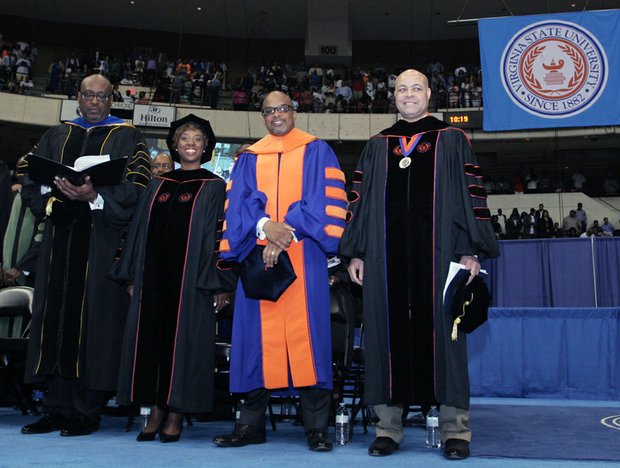 
Awaiting the entry of graduates at Virginia State University’s commencement last Sunday are, from left, Dr. Weldon Hill, VSU provost; Delegate Lashrecse D. Aird, commencement speaker and VSU alumna; VSU President Makola M. Abdullah; and Harry Black, VSU rector.