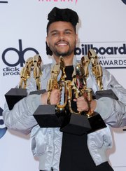 The Weeknd clutches the eight awards he received Sunday during the ceremony. His awards: Top 100 Hot Artist, Top 100 Sales Artist, Top Radio Songs Artist, Top Streaming Songs Artist, Top R&B Artist, Top R&B Album, Top Streaming Song (audio) and Top R&B Song.
