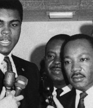Mr. Ali and Dr. Martin Luther King Jr. speak out against the military draft in March 1967 in Louisville, Ky. 
