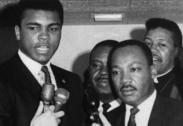 Mr. Ali and Dr. Martin Luther King Jr. speak out against the military draft in March 1967 in Louisville, Ky. 
