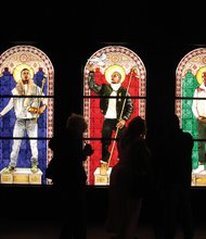 These gorgeous stained glass windows are a highlight of the exhibit. The works are, from  “Saint Adelaide,” “Saint Remi” and “Saint Amelie.”