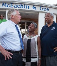 Democrat A. Donald McEachin, right, celebrates his primary victory over Ella P. Ward on Tuesday night outside his Henrico County law office with his wife, Colette, and Gov. Terry McAuliffe.