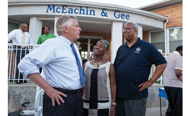 Democrat A. Donald McEachin, right, celebrates his primary victory over Ella P. Ward on Tuesday night outside his Henrico County law office with his wife, Colette, and Gov. Terry McAuliffe.