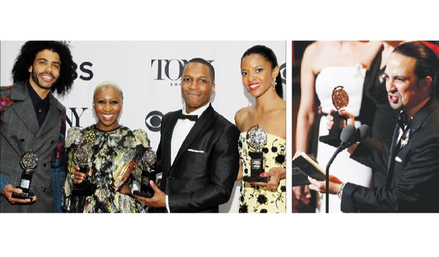 Top Tony Award winners show their coveted trophies after last Sunday’s ceremony in New York. They are, from left, Daveed Diggs, best performance by an actor in a featured role in a musical; Cynthia Erivo, best performance by a leading actress in a musical; Leslie Odom Jr., best performance by a leading actor in a musical; and Renee Elise Goldsberry, best performance by a featured actress in a musical. Lin-Manuel Miranda, creator of “Hamilton,” accepts the Tony Award for best original score.