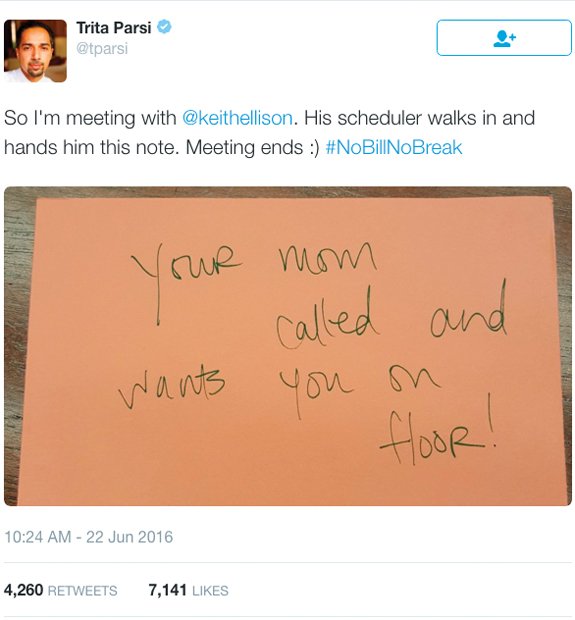 This tweet sent on Wednesday shows the note Rep. Keith Ellison received from his mother. The Minnesota Democrat is a member of the Congressional Black Caucus and the first Muslim elected to Congress.