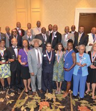 Inaugural VIA Hall of Fame class // Numerous athletes and coaches, including several with Richmond area ties, were among those inducted into the Virginia Interscholastic Association (VIA) Hall of Fame’s inaugural class.
Under the leadership of VIA Heritage Association Chair- man Jimmy Hollins, the ceremony, held June 20, drew a full house at a Charlottesville hotel.
The VIA served as the organizing body for Virginia’s public schools serving black students during segregation, from 1954 to 1969.
Pictured here are Hall of Fame inductees or their rep-
resentatives. They are, front row, left to right: Thaddeus Madden Jr., Lauren Puryear, Dennis Harvey, Louvenia Johnson, Loucious Edwards, the Rev. Jean R. Casey, Su- zette Quarles, Kim Lennon, Betty Jones, Dr. Vivian Pinn and Fannie Harris.
Middle row, left to right: James Hayes, Ernest Shaw, Milton Jacox, Walter Bowser, Donald Ross, Roger Hailstork, George Lancaster and Ian Jefferson.
Back row, left to right: Joseph Buggs, Raymond Pollard, Bryant Stith, Arthur Gardener Jr., Earl Lloyd Jr., William Lawson III and Charles Stukes.