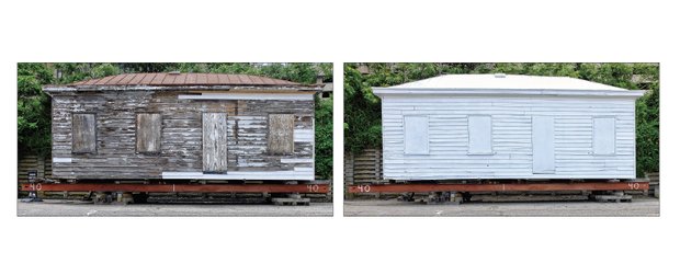 The historic Winfree Cottage has received some tender, loving care. At left, a photo published in the June 2-4 edition of the Free Press shows the previous condition of the small house that dates at least to 1866. At right, a photo taken July 11 shows the new look of the cottage after a fresh coat of whitewash and a new coat of paint on the roof.
The 700-square-foot building, now owned by the city, has long been envisioned as a visitor’s center for the Richmond Slave Trail. It now sits next to the Lumpkin’s Jail site near North 15th and East Broad streets and Main Street Station. 
Rescued from demolition in 2002, the building has sat for 12 years on a trailer and steel beams awaiting a new foundation. It is said to be the last slave cottage still standing in Richmond, though that claim has not been verified. City records show it was purchased or built in 1866 by owner David Winfree, who then deeded it to his former slave, Emily Winfree, the mother of five of his children. 
