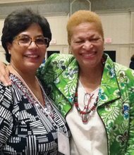 Promoting leadership //
Former Bennett College President Julianne Malveaux, right, is greeted by Dr. Delta R. Bowers, president of the Richmond Metropolitan Area Chapter of the National Coalition of 100 Black Women. Dr. Malveaux, an economist and author, was the keynote speaker for the organization’s national leadership retreat held June 22 through 25 at a Richmond area hotel. More than 200 women from across the country attended the retreat, which focused on the organization’s advocacy efforts in health, education and economic empowerment.