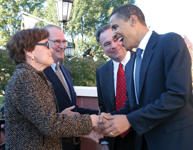 Lt. Gov. Kaine’s parents, Kathy and Al Kaine, meet then-U.S. Sen. Barack Obama during his appearance in Virginia in 2005 to support their son’s campaign for Virginia governor