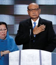 Ghazala, left, and Khizr Khan of Charlottesville appear July 28 on the final day of the Democratic National Convention in Philadelphia to talk about the sacrifice of their son, Army Capt. Humayun Khan, who was killed by a suicide bomber in 2004 during the Iraq War.