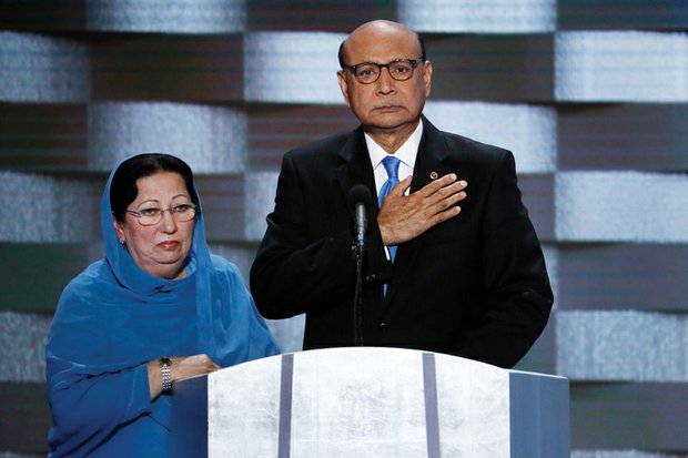 Ghazala, left, and Khizr Khan of Charlottesville appear July 28 on the final day of the Democratic National Convention in Philadelphia to talk about the sacrifice of their son, Army Capt. Humayun Khan, who was killed by a suicide bomber in 2004 during the Iraq War.