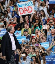 Above, Tim Kaine declares, “It’s great to be home” as the Democratic vice presidential nominee receives a warm welcome Monday evening from supporters at Huguenot High School.