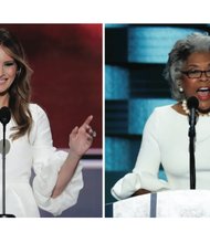 Congresswoman Joyce Beatty, right, delivers a speech in her own words at the Democratic National Convention in Philadelphia on July 28 in a dress very similar to the dress worn by Melania Trump, left, during her plagiarized speech at the Republican National Convention on July 18.