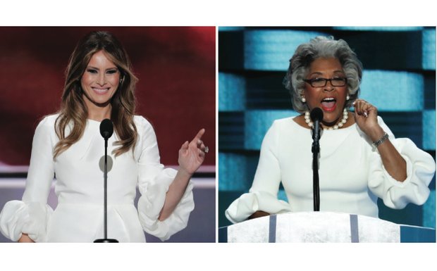 Congresswoman Joyce Beatty, right, delivers a speech in her own words at the Democratic National Convention in Philadelphia on July 28 in a dress very similar to the dress worn by Melania Trump, left, during her plagiarized speech at the Republican National Convention on July 18.