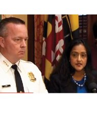 Vanita Gupta, center, head of the Civil Rights Division of the U.S. Department of Justice, announces findings Wednesday as Baltimore Police Commissioner Kevin Davis and Mayor Stephanie Rawlings-Blake listen. 