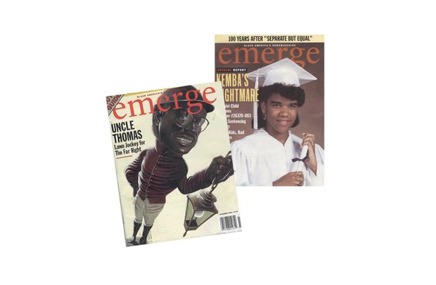 These covers reflect some of the issues Emerge magazine tackled while Mr. Curry served as editor-in-chief from 1993 to 2000. Above, the May 1996 cover features the groundbreaking story on Henrico County native Kemba Smith and the long, unfair prison sentences meted out in crack cocaine cases, even for those who were minor players.  Left, the November 1996 edition of the magazine launches an attack on U.S. Supreme Court Justice Clarence Thomas for seeking to roll back civil rights gains.   